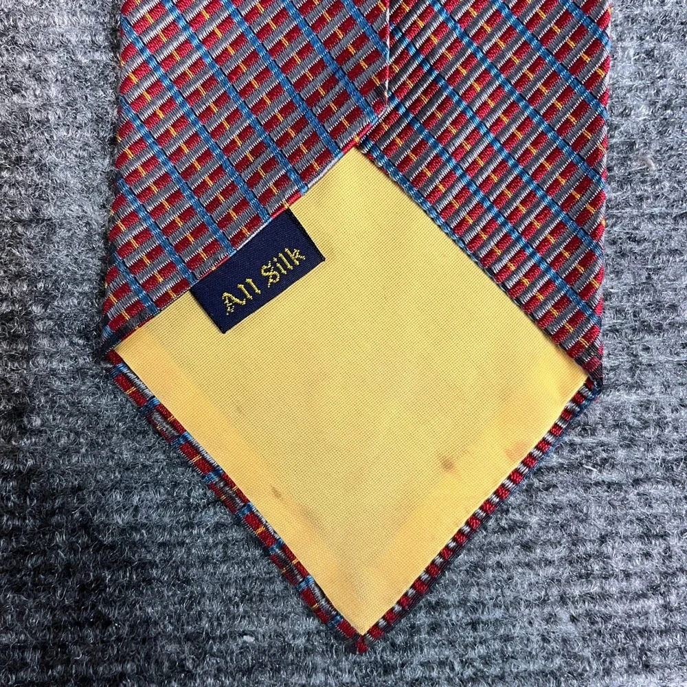 Filenes Mens Store Silk Tie by Pulitzer Red Blue Geometric Grid Pattern Vintage